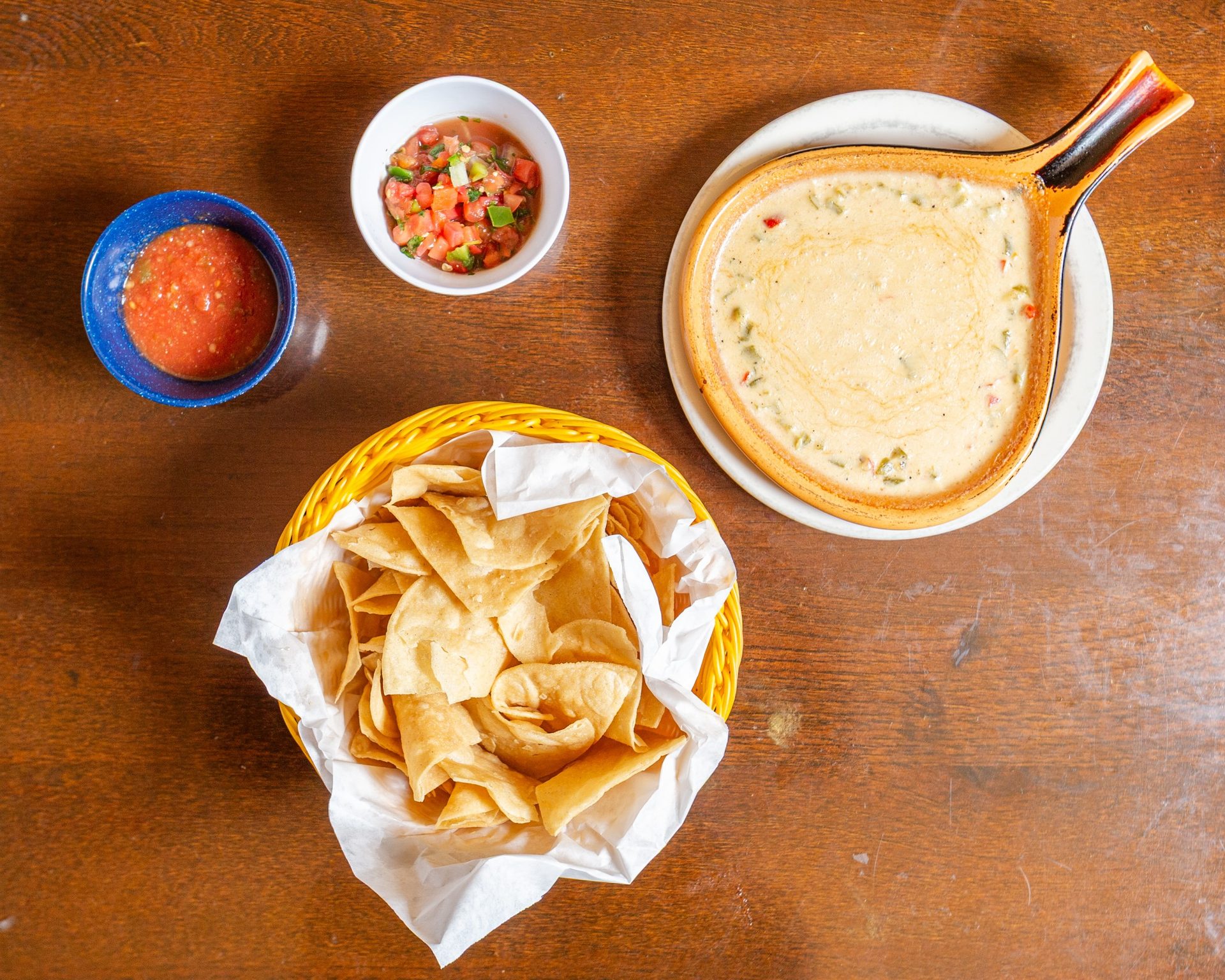 Three house salsas. Green chile every day.