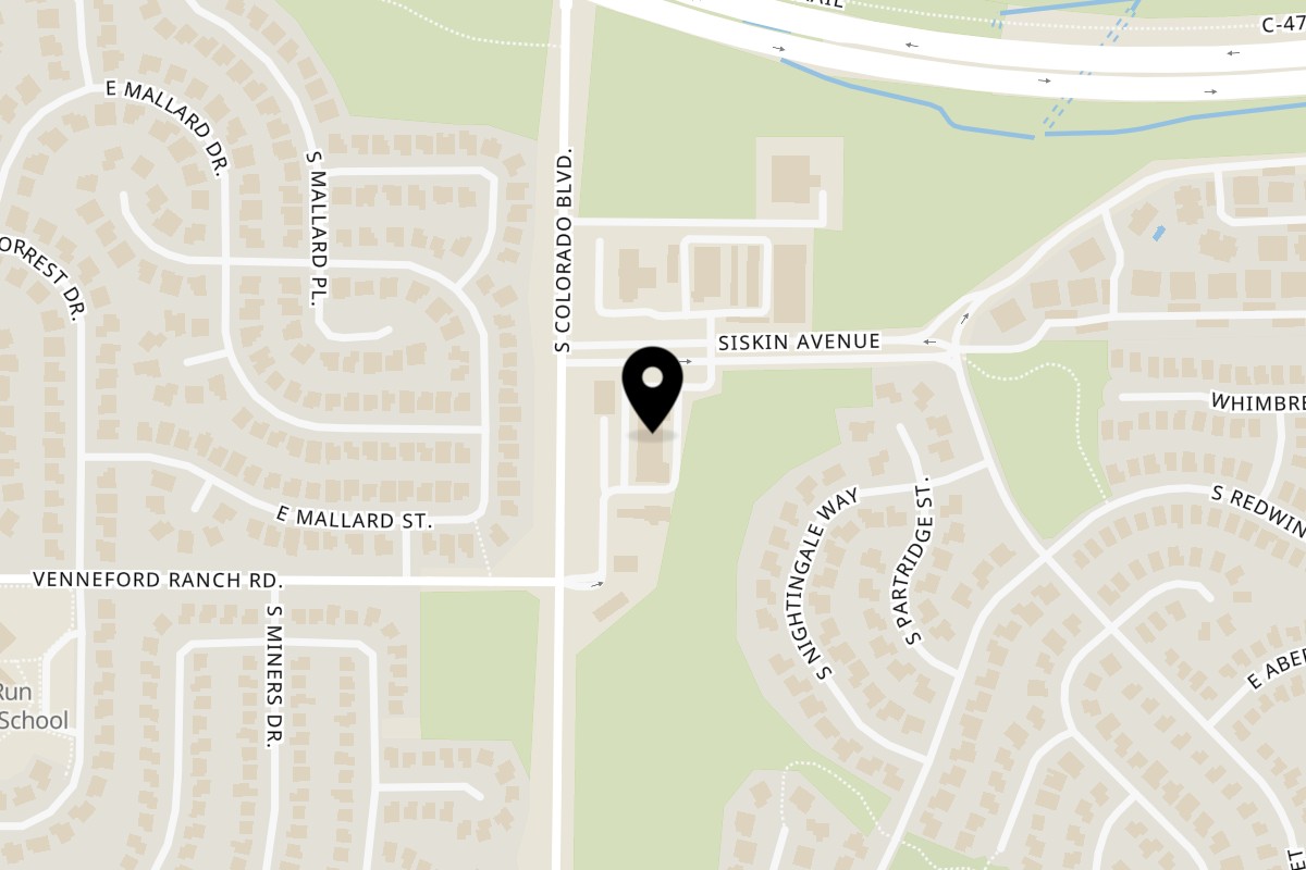 Map showing the location of Casa Caliente Restaurant and Cantina on 8800 S Colorado Blvd Unit G in Highlands Ranch